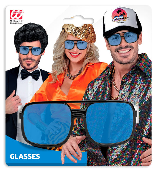 Widmann 90er Hip-Hop-Sonnenbrille mit blauen Gläsern und mattem schwarzen Rahmen.