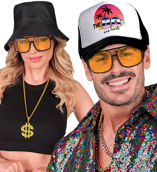 Gelbe 90er Jahre Hip Hop Sonnenbrille mit getönten Gläsern und leichtem Rahmen.