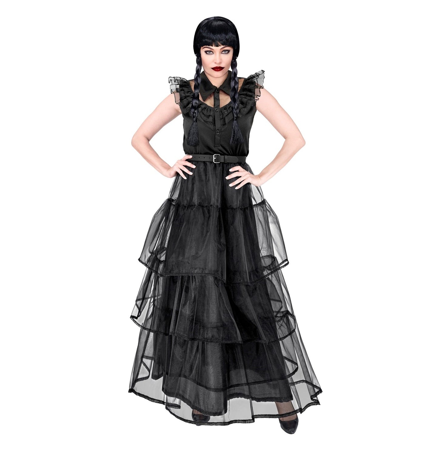 Schwarzes Ballkleid mit weißem Kragen und langen Ärmeln, inspiriert von Wednesday Addams.