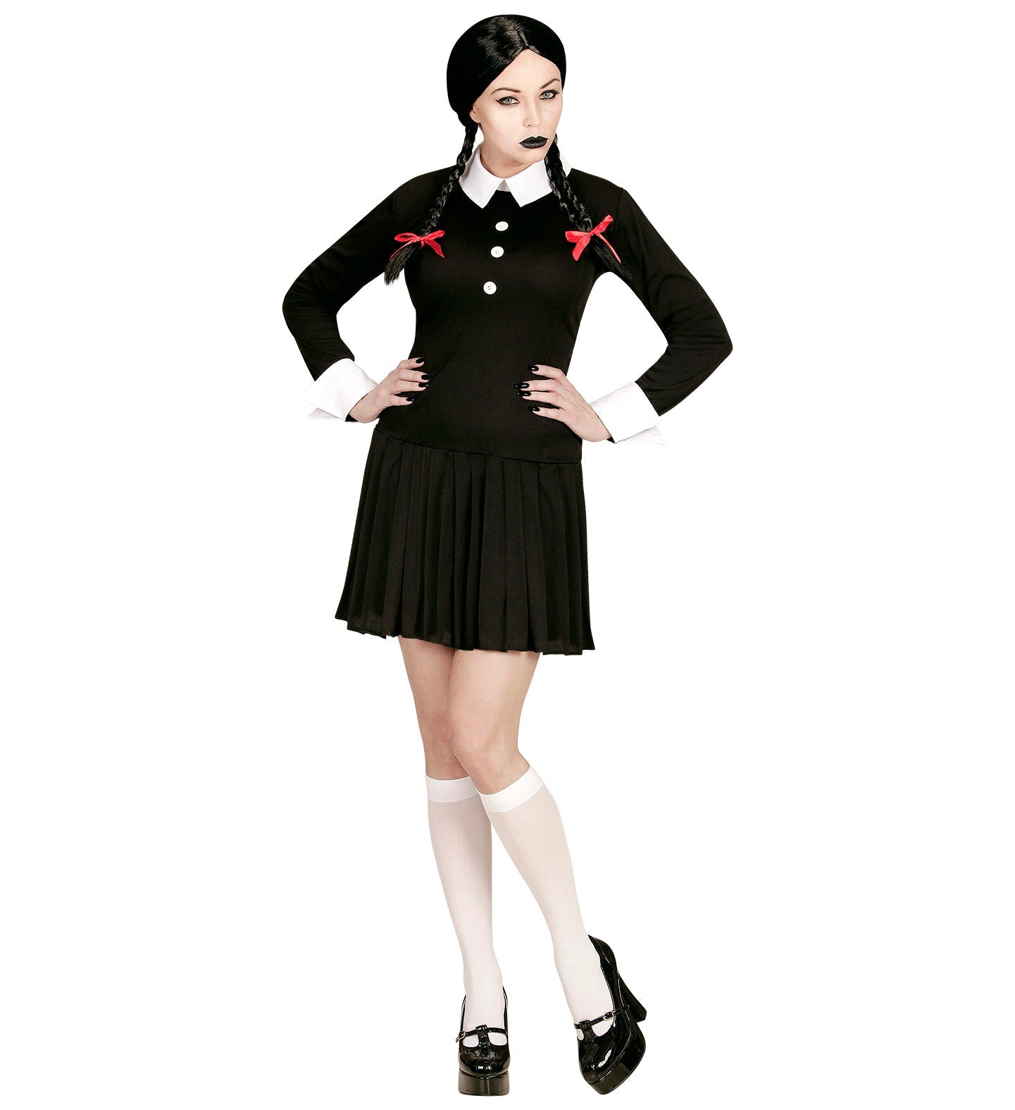 Schwarzes Halloween-Kleid mit weißem Kragen, knielang und verdecktem Reißverschluss.