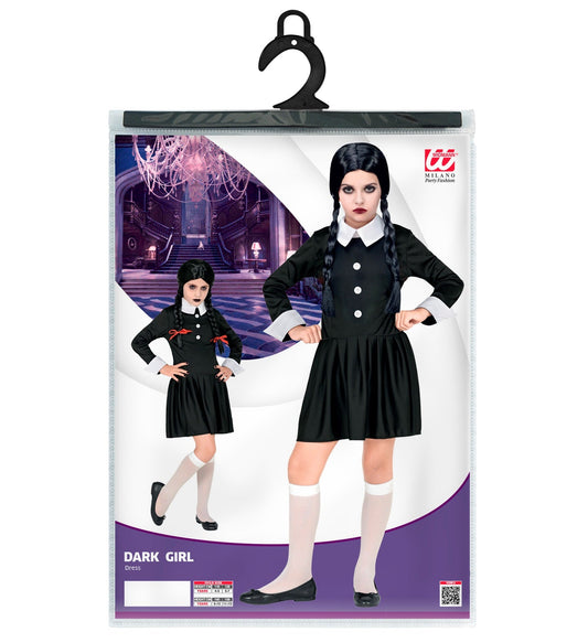 Schwarzes Gothic Kleid mit weißem Kragen und Puffärmeln für Kinder im Wednesday Addams Stil.