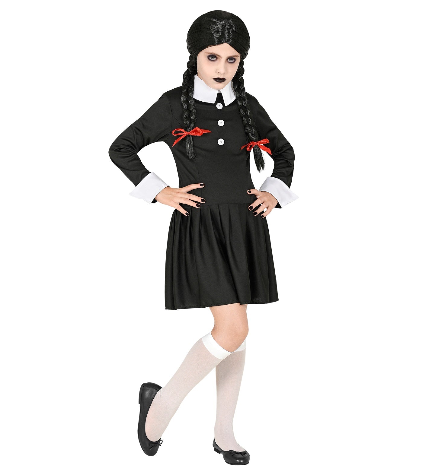 Kinderkostüm Wednesday Addams in schwarzem Kleid mit weißem Kragen und Puffärmeln