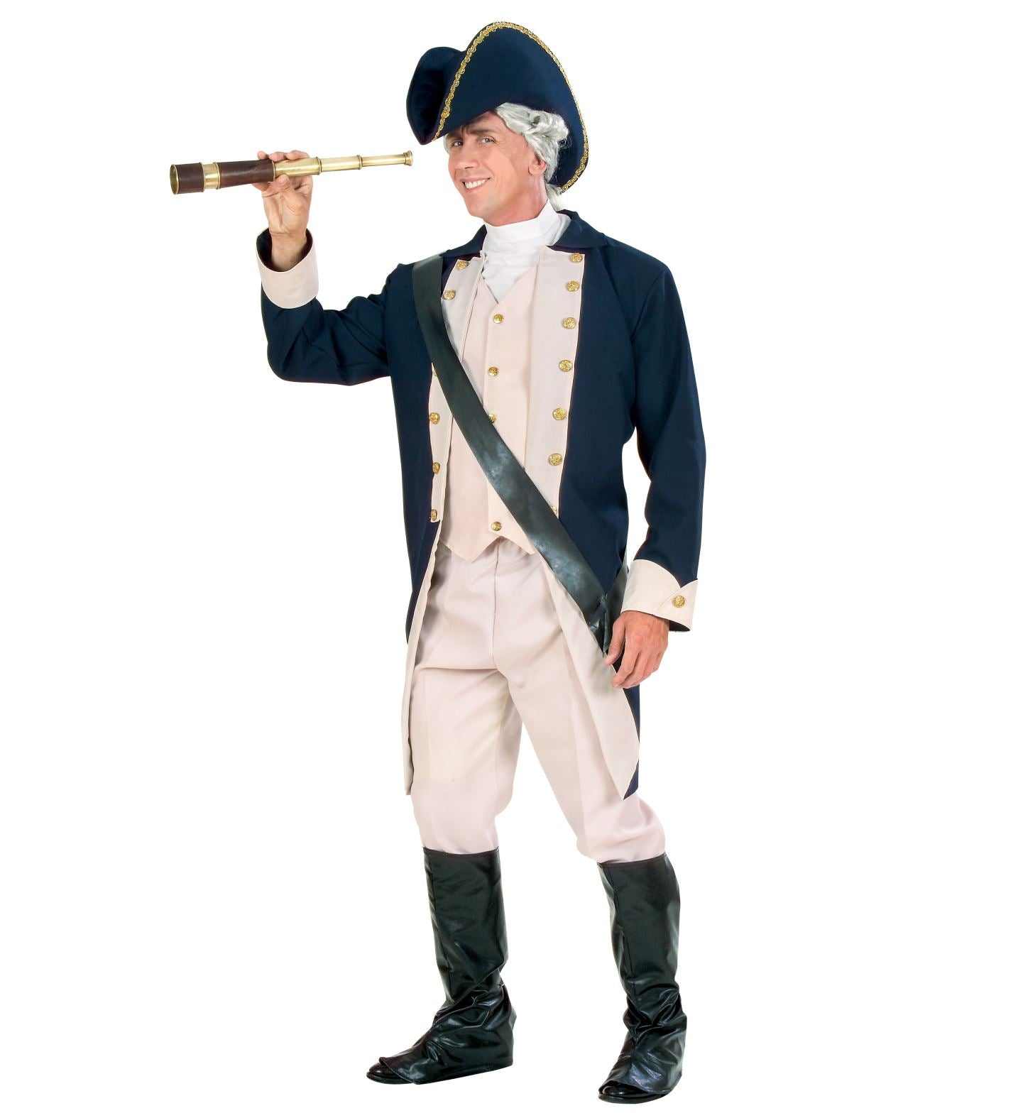 Man in navy admiral costume with tricorn hat, jacket, vest, and spyglass.