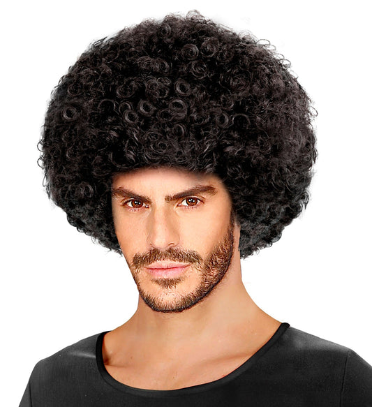 Medium black synthetic unisex Afro wig on a model with short beard.