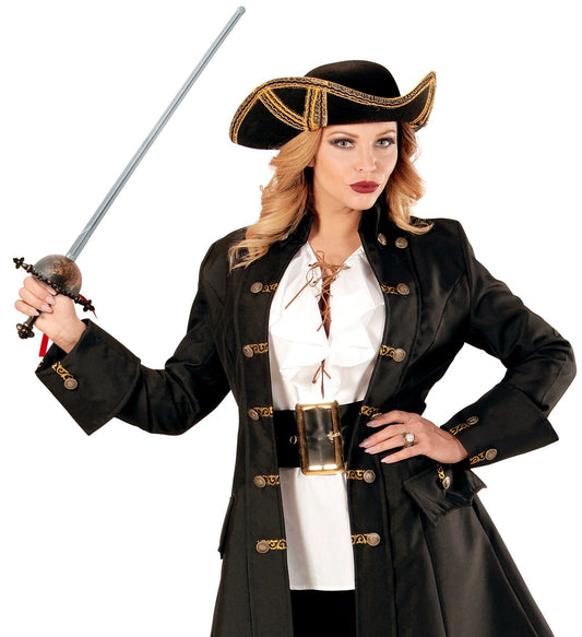 Vintage-style toy foil sword with ornate plastic blade and scabbard, 68 cm long.