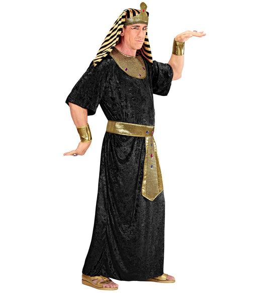 Grünes Pharao Kostüm mit goldverziertem Kragen, Gürtel, Armbändern und gestreifter Kopfbedeckung