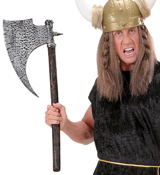 A 73cm medieval battle axe prop with weathered resin head and wooden handle.