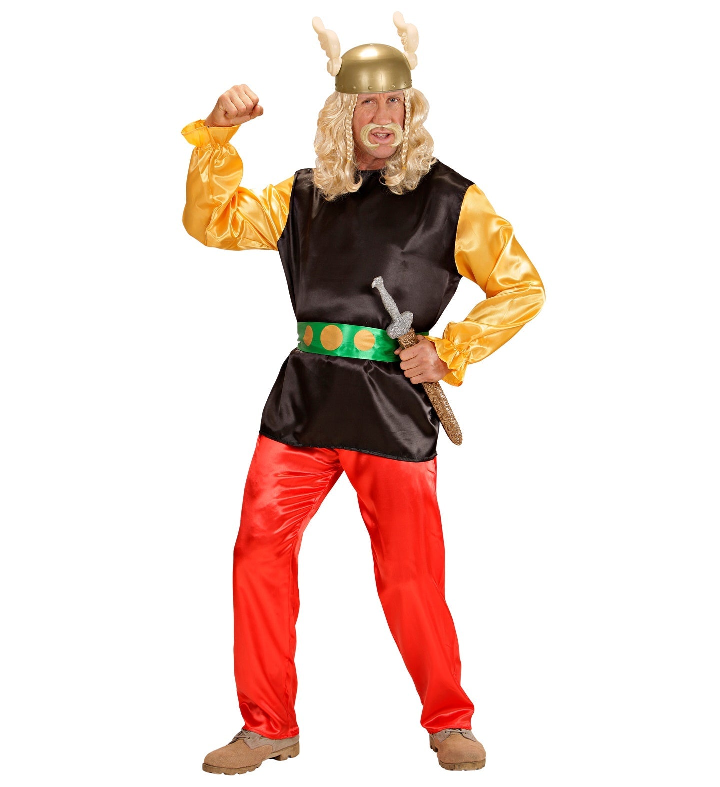 Kostüm in Blau und Gelb mit gestreiftem Oberteil, Hose und Gürtel für Erwachsene.