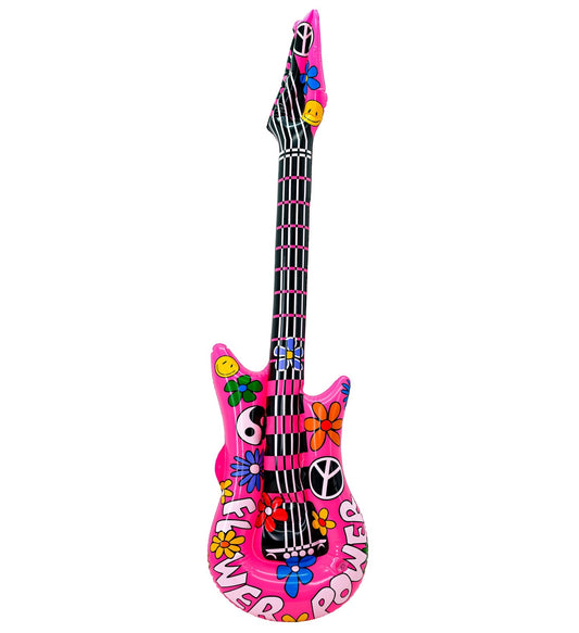 A 105cm inflatable pink hippie guitar with psychedelic flower and peace symbol designs.