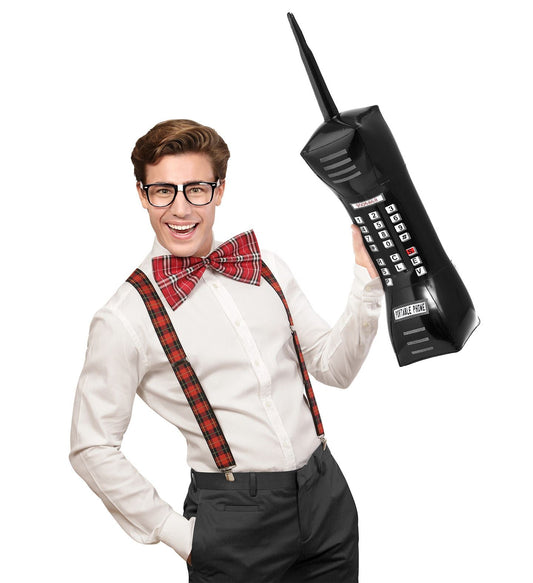 Inflatable giant mobile phone, 77cm PVC party prop, held by smiling man in bow tie.