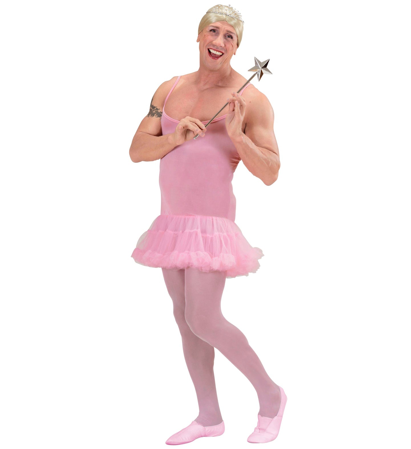 Mann in pinkem Tüll-Ballerina-Kostüm mit Zauberstab, Größe M/L.