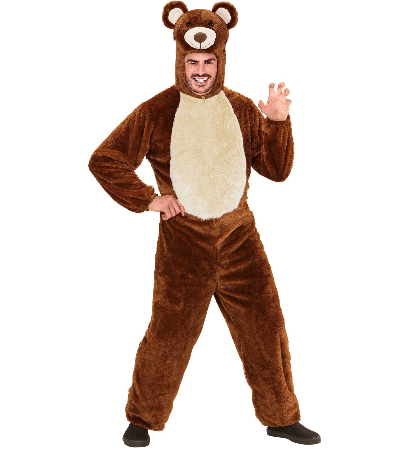 Erwachsenen-Bärenkostüm aus braunem Plüsch mit Kapuze und Reißverschluss, unisex Overall