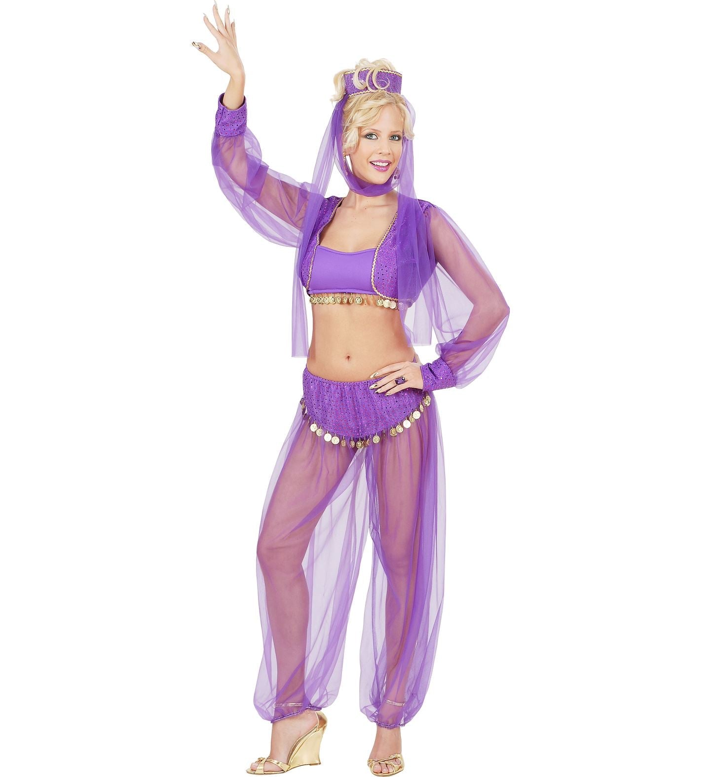 Orientalisches Tanzkostüm in Gold und Blau mit schimmerndem Oberteil und Haremshose.