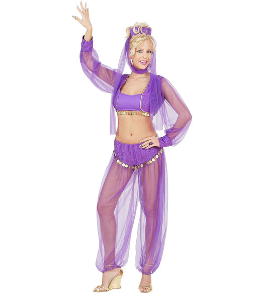 Orientalisches Tanzkostüm in Gold und Blau mit schimmerndem Oberteil und Haremshose.