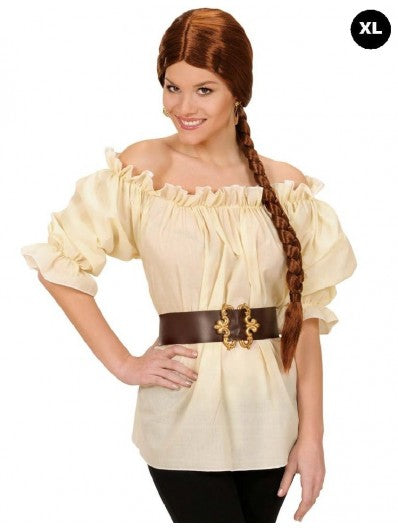 Beige Damenbluse aus Stretch-Baumwolle mit diskreten Knöpfen und eleganten Säumen.