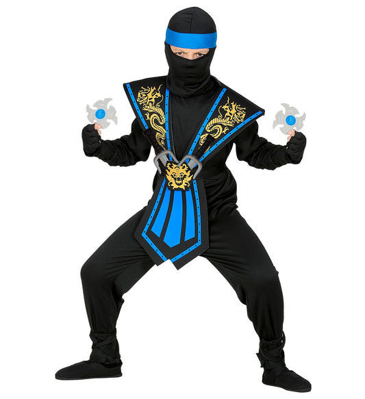Blauer Ninja-Kostüm für Kinder mit Overall, Maske, Gürtel und Wurfsternen.