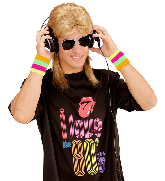 Blonde 80er Vokuhila Perücke mit Retro-Brille für Herren im typischen Vokuhila-Stil