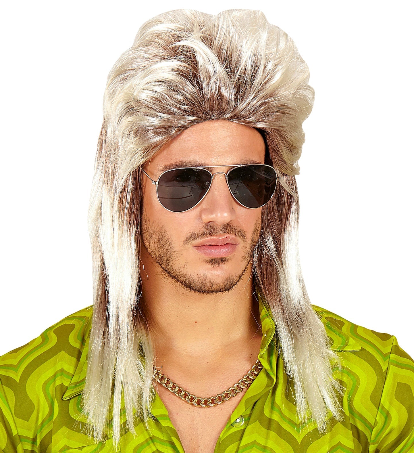 Blonde Vokuhila-Perücke aus Kunstfaser mit langem, voluminösem 80er-Jahre-Stil