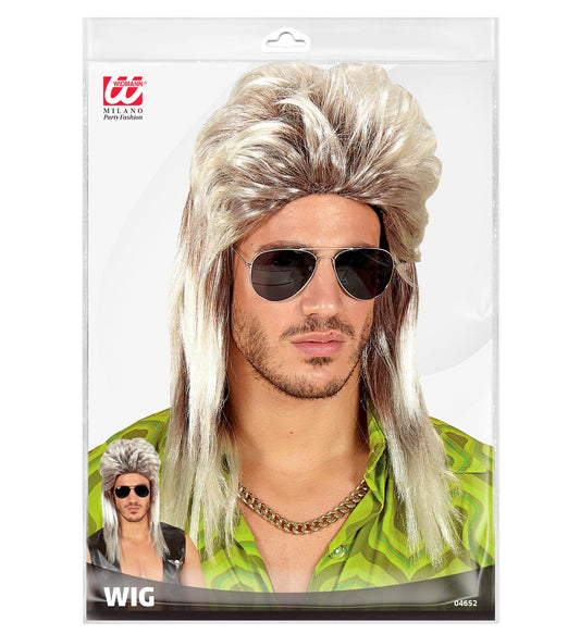 Blonde Vokuhila-Perücke in Kunstfaser, ideal für 80er Jahre Rockstar-Look.