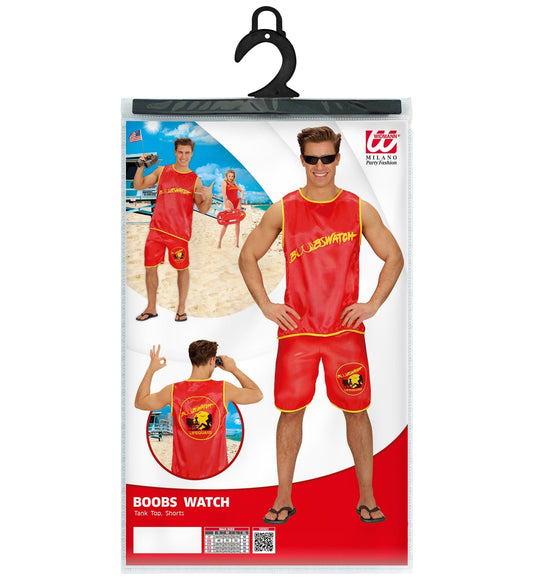 Rotes zweiteiliges Baywatch-Lifeguard-Kostüm aus Tanktop und Shorts.