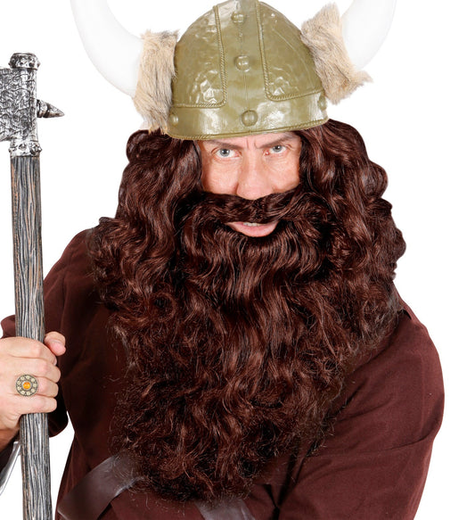 Brauner langer falscher Bart aus Kunsthaar mit Klebestreifen für Kostüme.