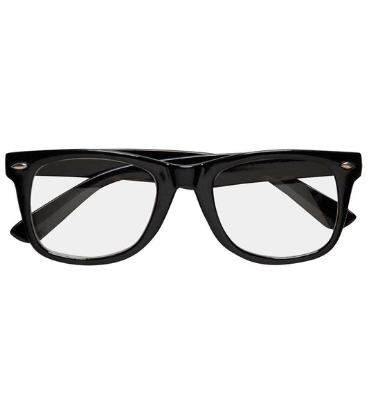 Schwarze Wayfarer-Brille mit klaren Gläsern für Kostüme.