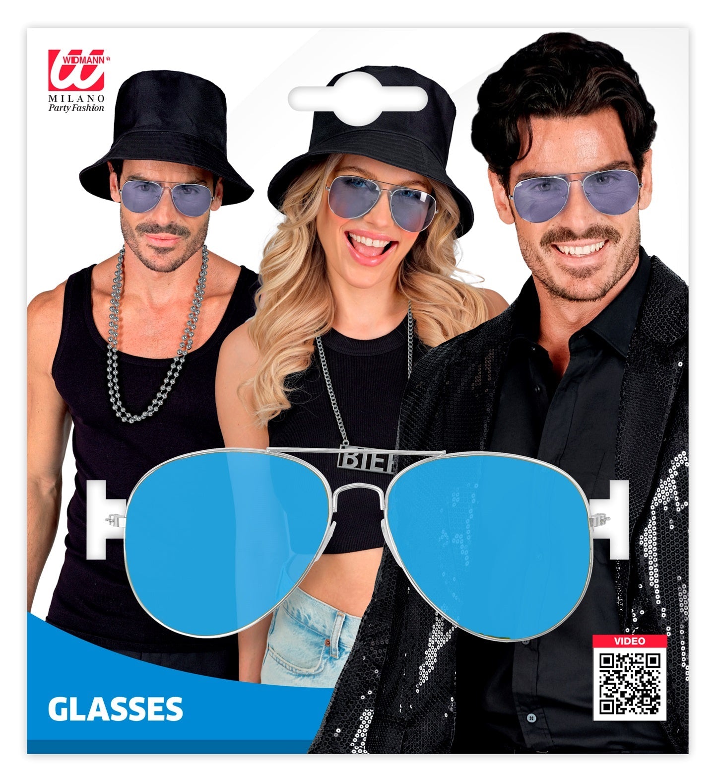 Runde, blaue, verspiegelte Brille mit silbernem Metallgestell auf hellem Hintergrund.