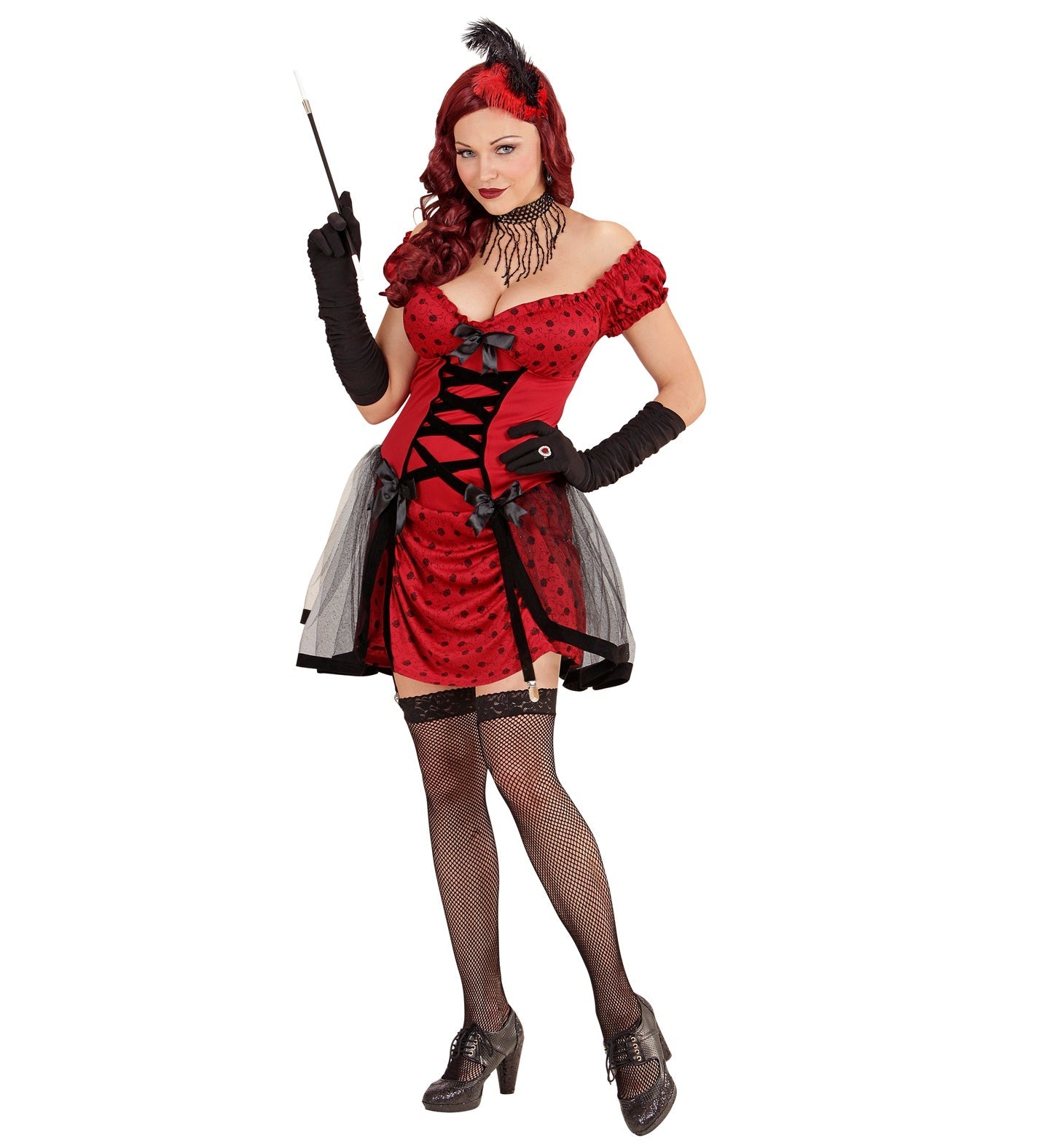 Widmann Cabaret Mädchen Kostüm – Stretch Kleid mit Federn Haarreif - Fasnacht24.ch