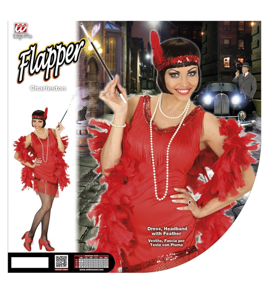 Rotes Fransen-Damenkostüm mit Perlenkette, Handschuhen und Feder-Headband.