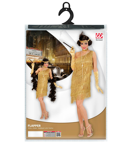 Goldenes Fransen-Charleston-Kleid für Damen mit Feder-Stirnband auf Verpackung.