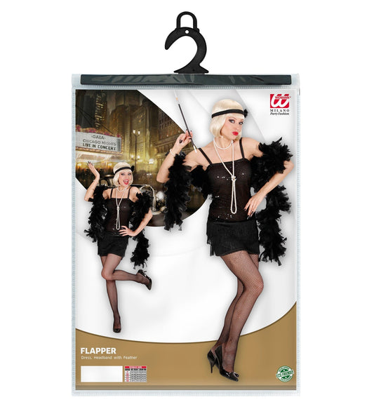 Schwarzes Flapper-Kostüm mit Perlenbluse, Fransenrock, Federstirnband und Absatzschuhen.