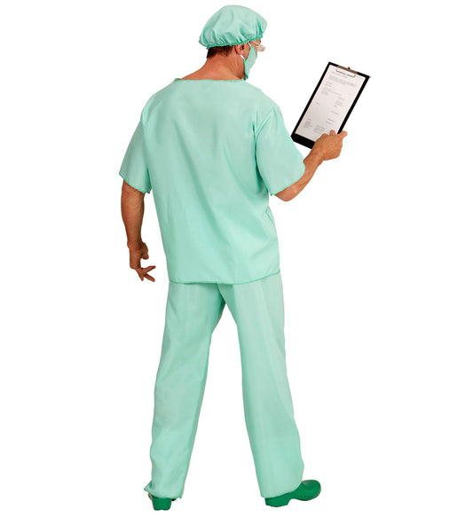 Mintgrünes Chirurgen-Notarzt Kostüm für Herren, 4-teilig mit Hose, Oberteil, Haube und Maske