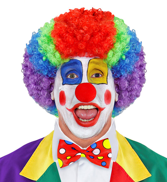 Rote Clown Fliege aus Polyester mit bunten Punkten und verstellbarem Trageband.