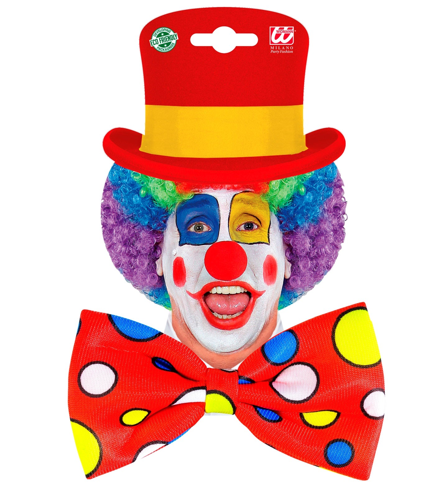 Rote Clown-Fliege aus Polyester mit bunten Punkten und verstellbarem Band.