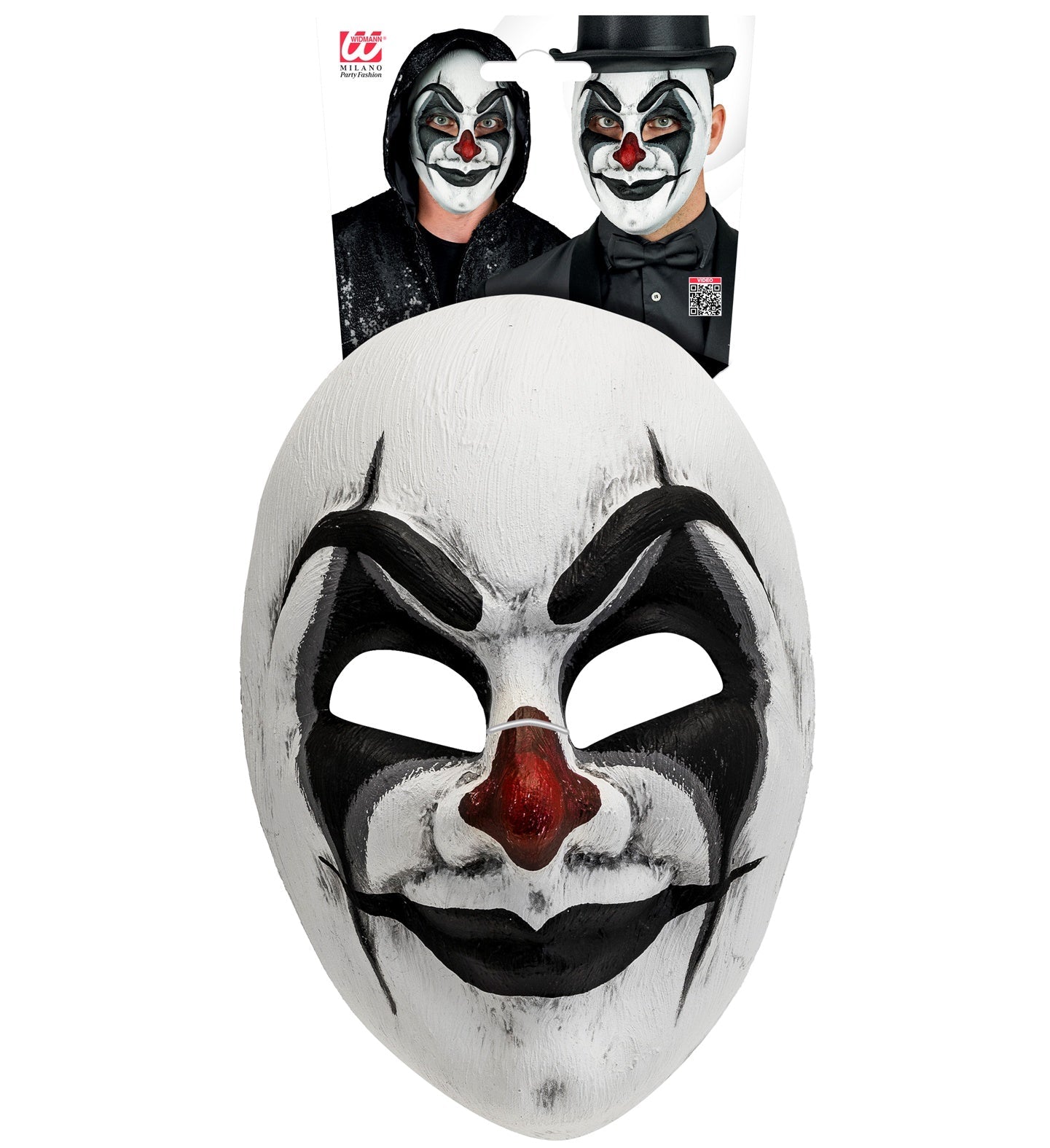 Schwarze und weiße Clownmaske aus Kunststoff mit elastischem Band und großen Öffnungen.