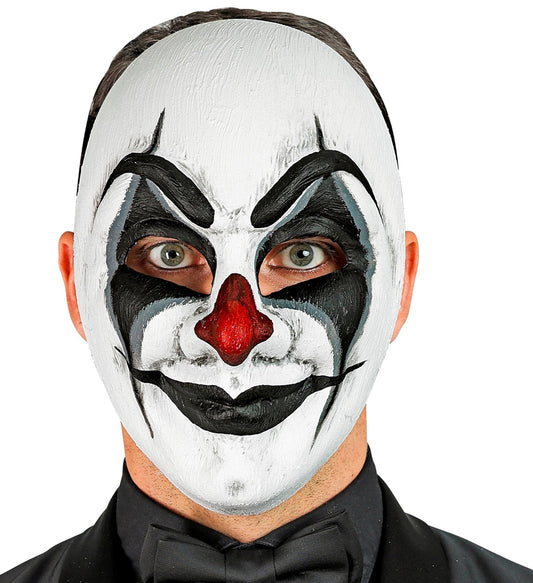 Schwarze und weiße Clownmaske aus Kunststoff mit elastischem Band für sicheren Sitz.