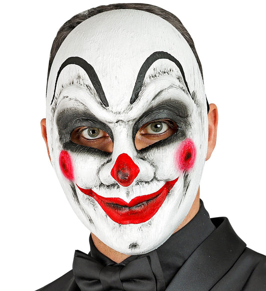 Widmann Clownmaske in Schwarz, Weiß und Rot aus PVC mit Harlekin-Muster und elastischem Band.