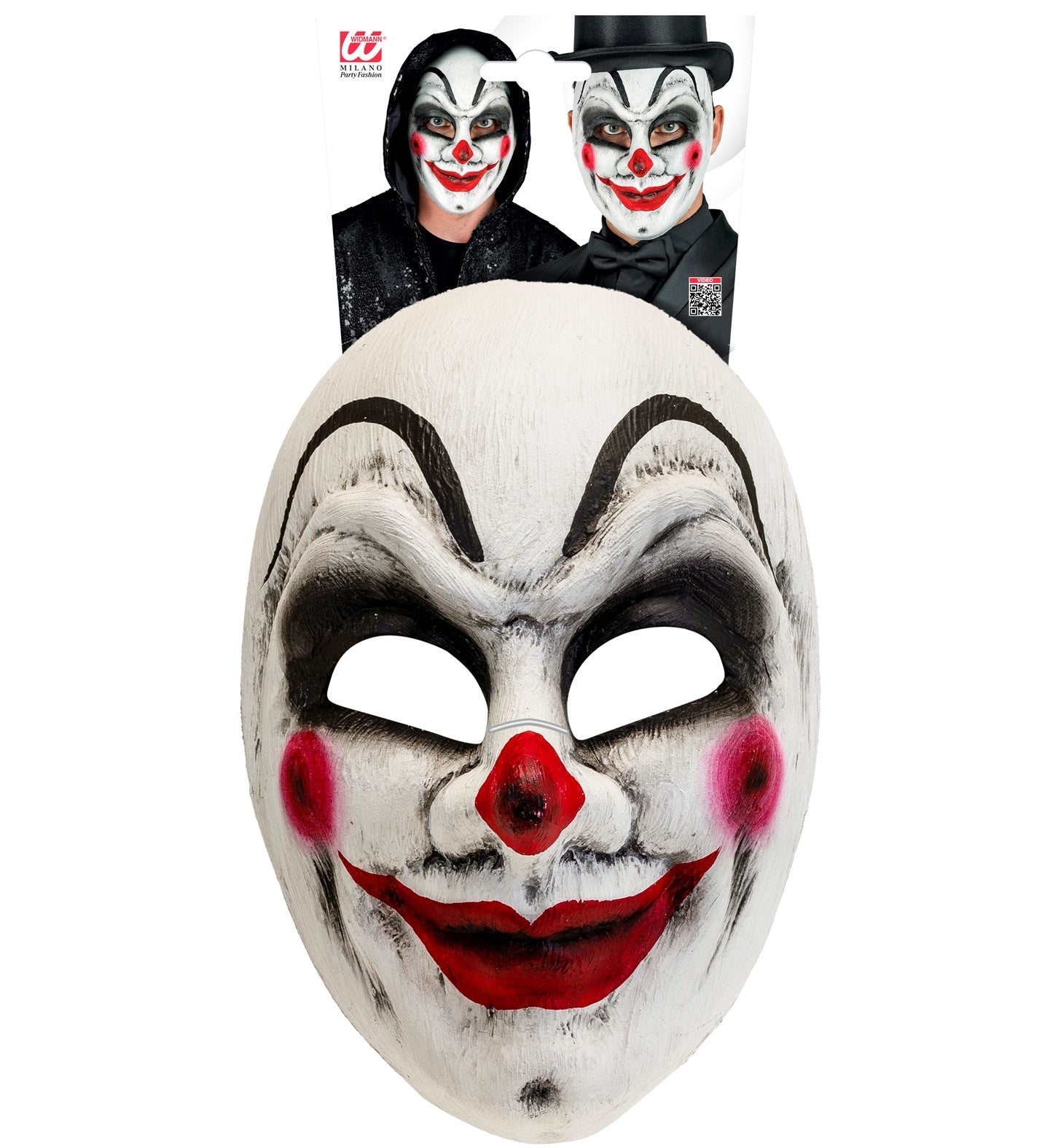 Schwarze, weiße und rote PVC-Clownmaske mit Harlekin-Muster und elastischem Band.