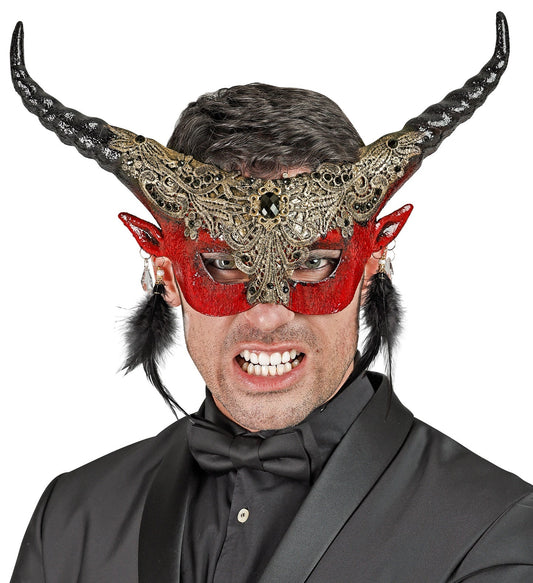 Rote Teufelsmaske mit Hörnern, große Augenöffnungen und elastischem Band für sicheren Sitz.