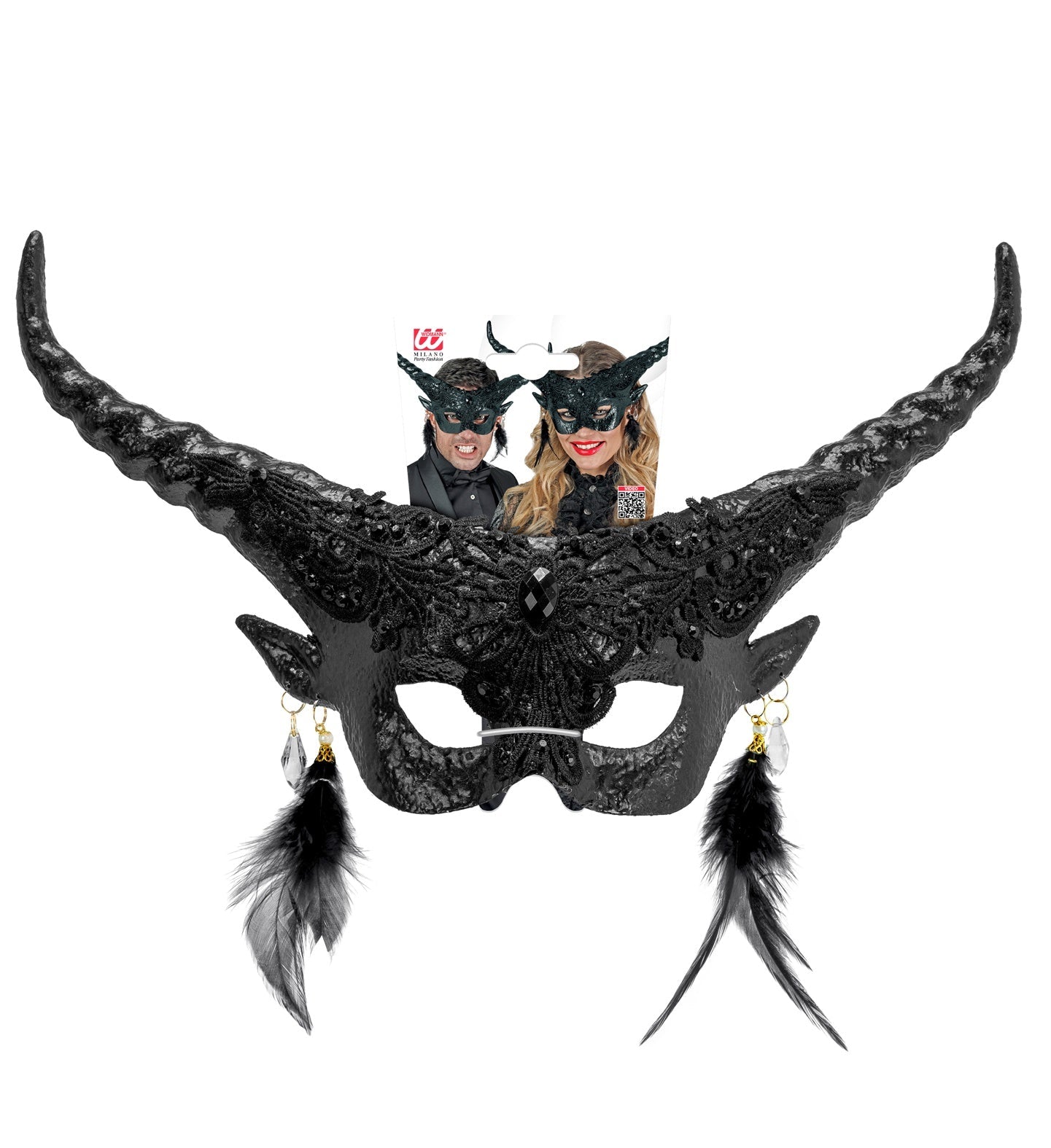 Schwarze Teufelsmaske mit Hörnern, handbemalt, elastisches Band für bequemen Sitz.