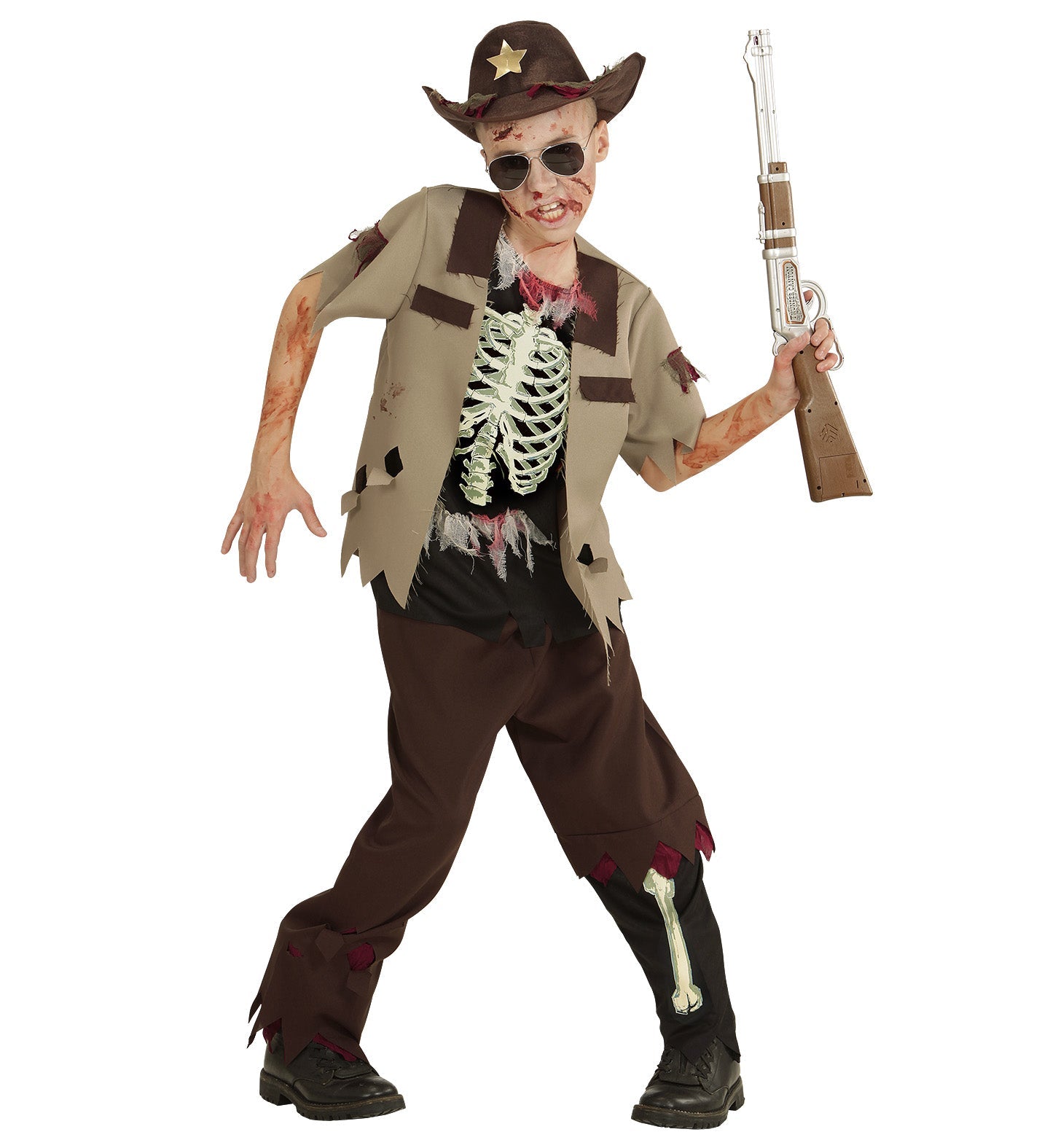 Kinderkostüm Cowboy Zombie Sheriff mit Hut, Hemd und Hose in Grau und Braun für Halloween
