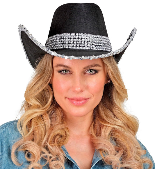 Schwarzer Filz-Cowboyhut mit funkelndem Strassband, unisex und verstellbar