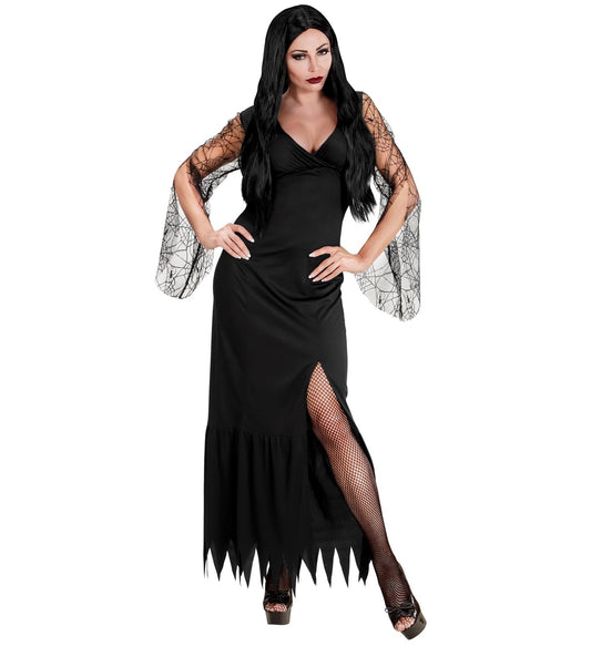 Schwarzes Damenkostüm aus Stretch-Satin mit Schnürung am Rücken, elegant und figurbetont.