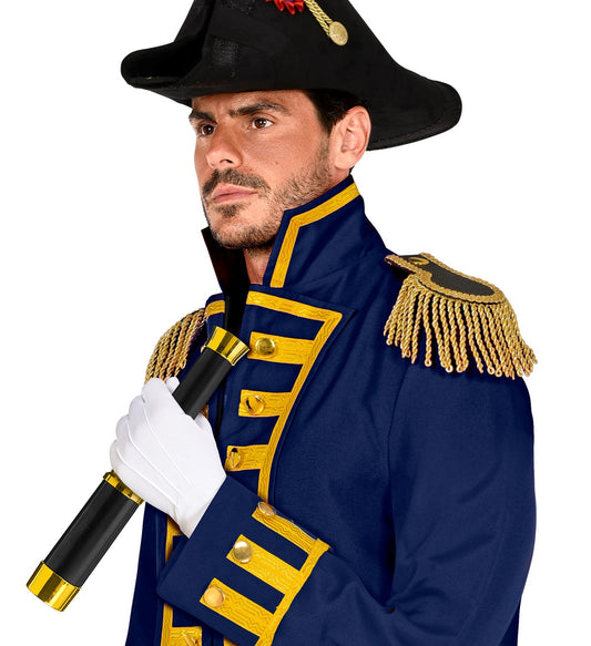 Man in navy tricorn hat and gold-trimmed uniform holding a black spyglass.