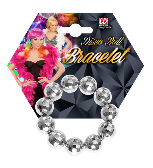 Silbernes Diskokugel-Armband mit spiegelnden Kugeln auf schwarzem Verpackungskarton.