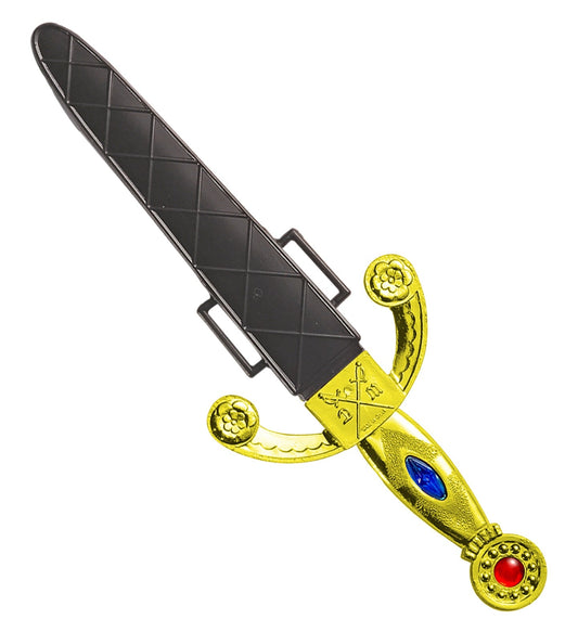 Widmann verzierter Dolch mit 24 cm Metallklinge und passender Scheide, funkelnde Verzierungen.