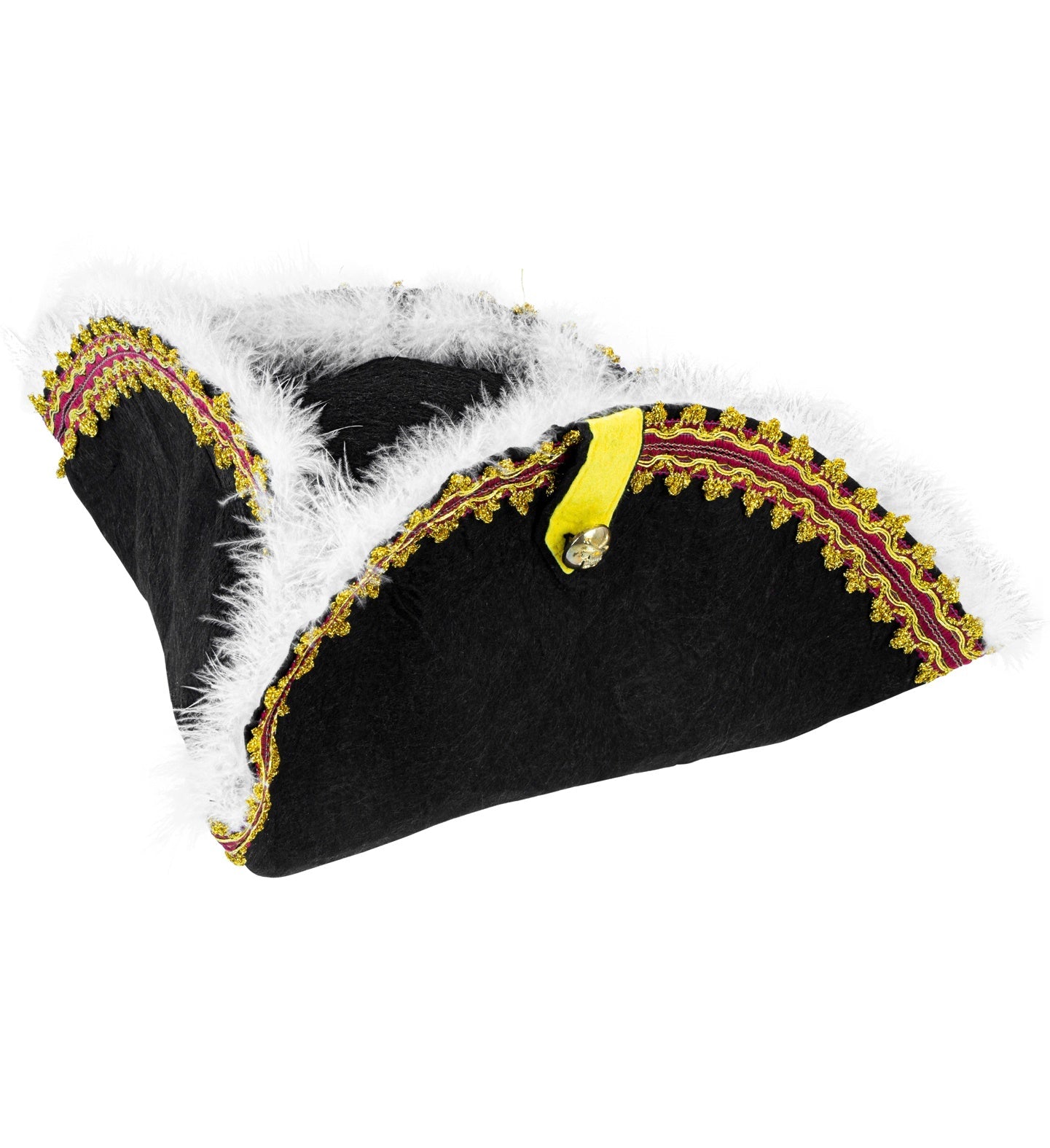Black tricorne pirate hat with gold trim and white marabou feather edging.