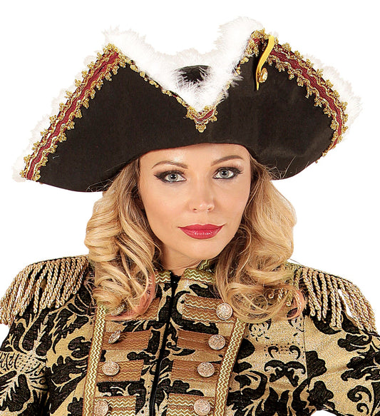 Widmann pirate tricorne hat with marabou feather trim on a model.