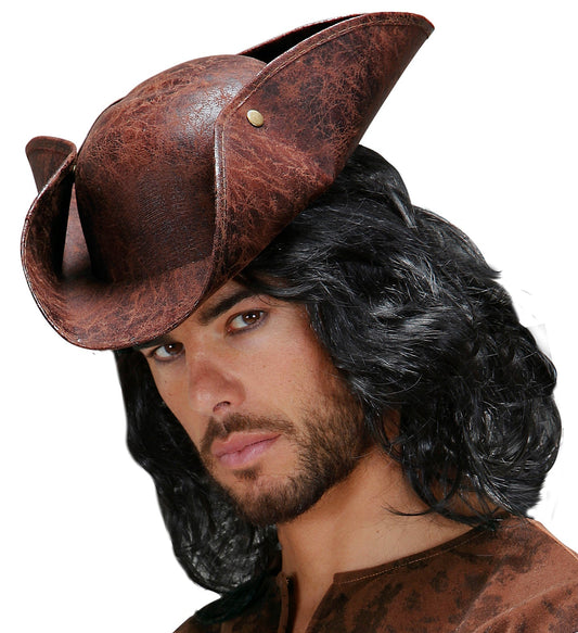 Brown faux leather tricorn pirate hat on a model with long black hair.
