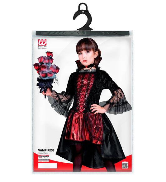 Schwarzes und rotes Kinderkostüm einer Vampirin mit Kette, ideal für Halloween.